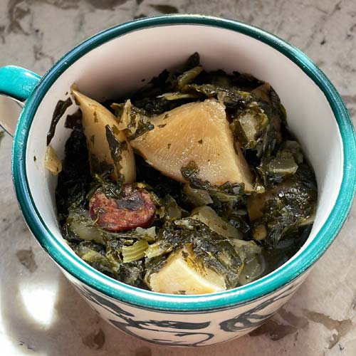 Recipe for Smothered Turnip Greens with a dash of Cajun seasoning